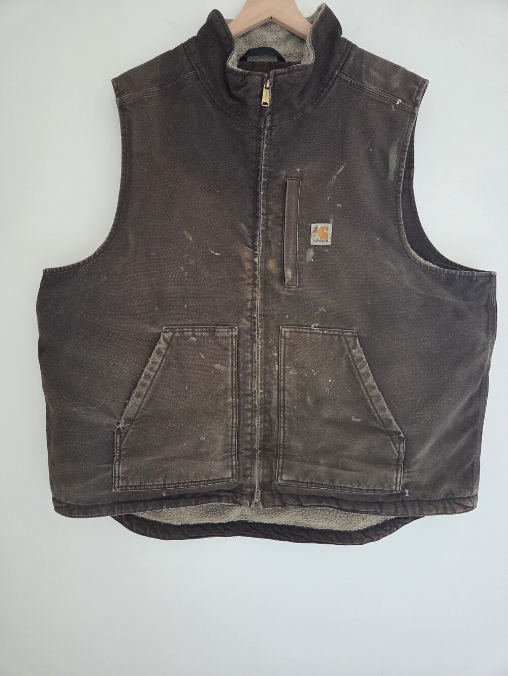 Carhartt Dark Brown Sherpa Lined Duck Vest Distressed Workwear Mens Size 2 XL - Picture 2 of 16
